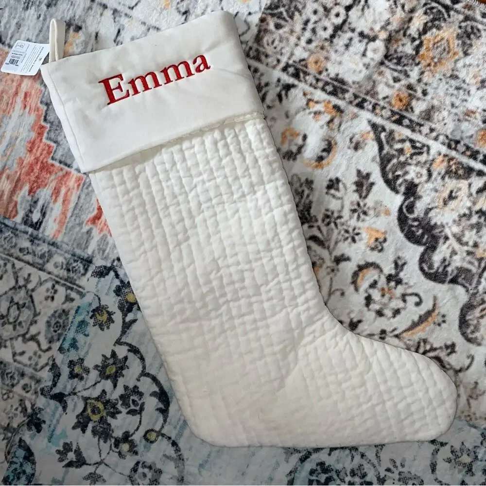 New Pottery Barn Ivory w RED “EMMA” Embroidery Large Channel Quilted Stocking